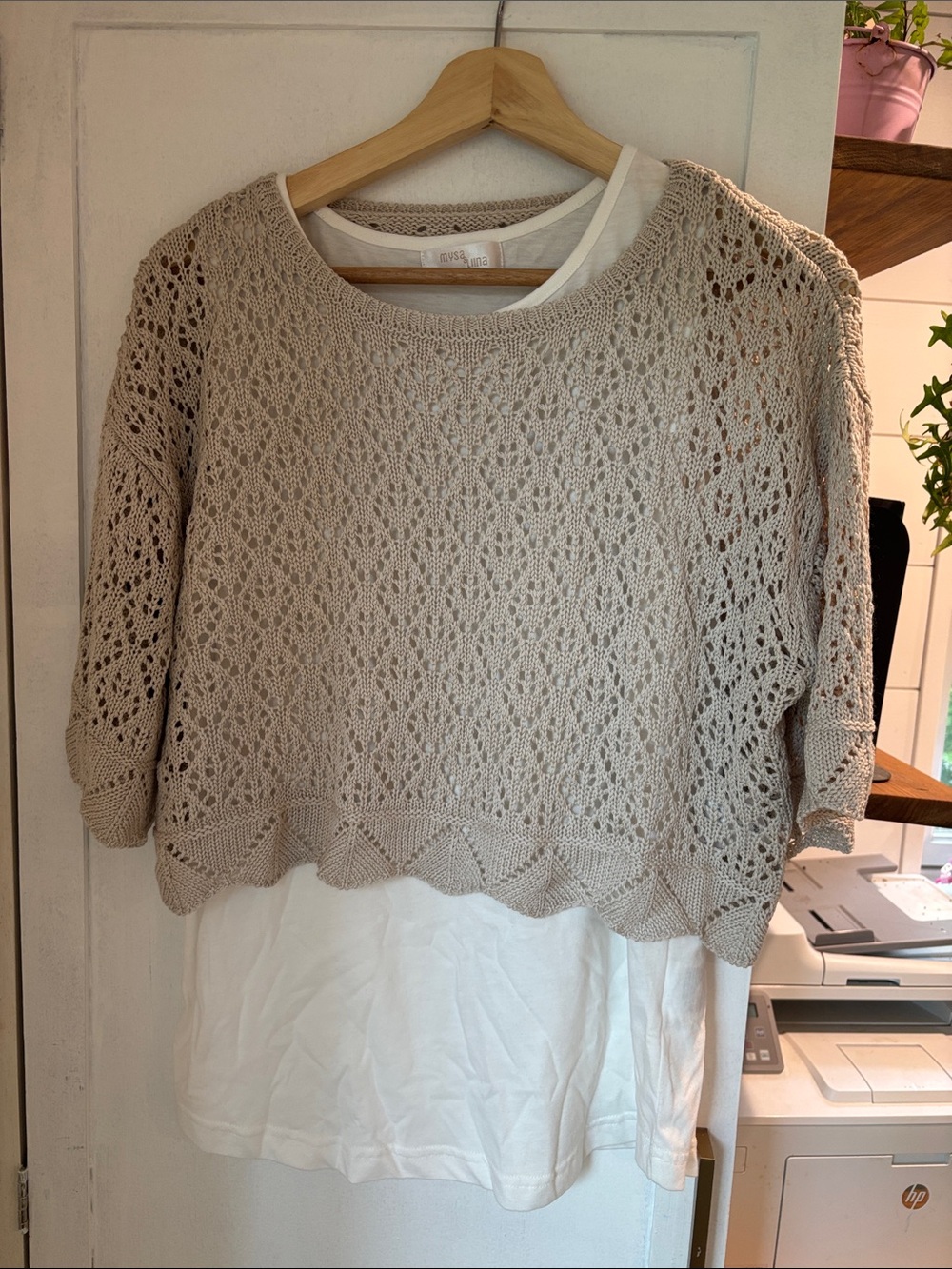 Light Beige Crochet Knit Women’s Sweater - Layered Look